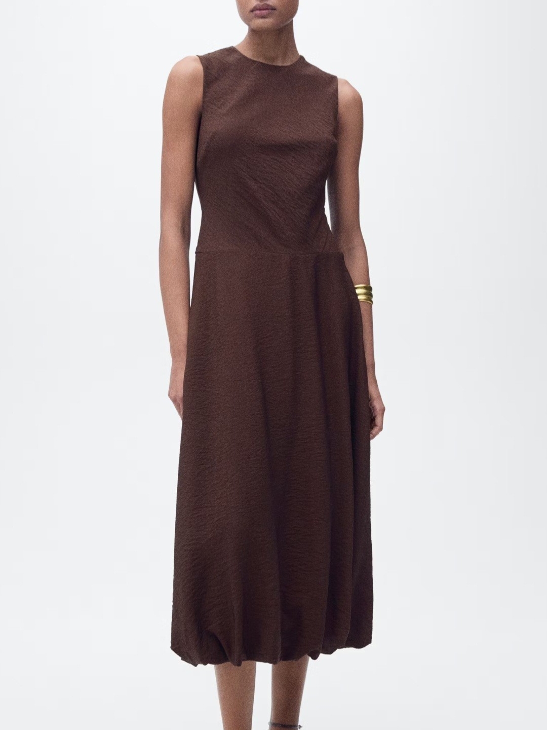 Mango Brown Sleeveless Midi Dress With Puffed Hem